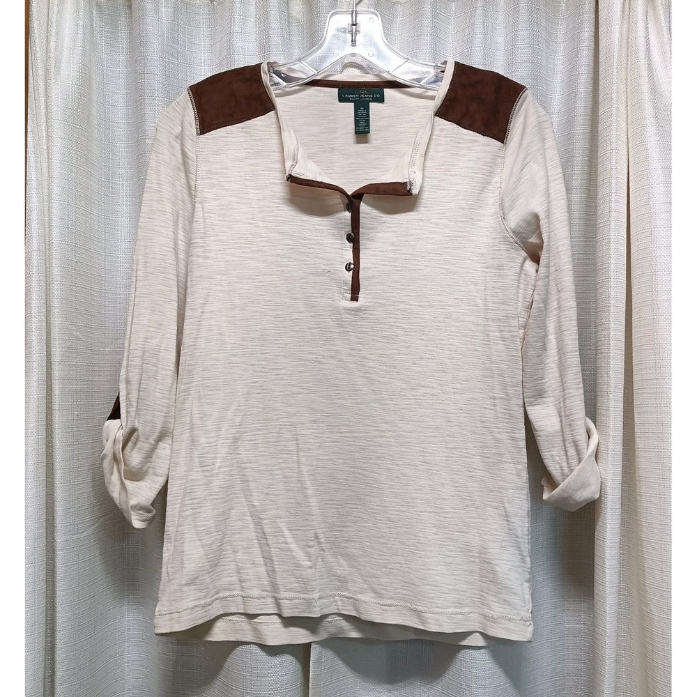 Lauren Jeans Co LRL Women's Size‎ M Ivory Brown Henley Roll Tab Faux Leather Top